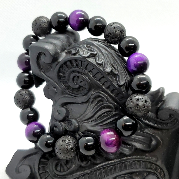 Bracelet Triple Protection Healing Stones Obsidian, Purple Tiger Eye, Lava - Picture 1 of 14